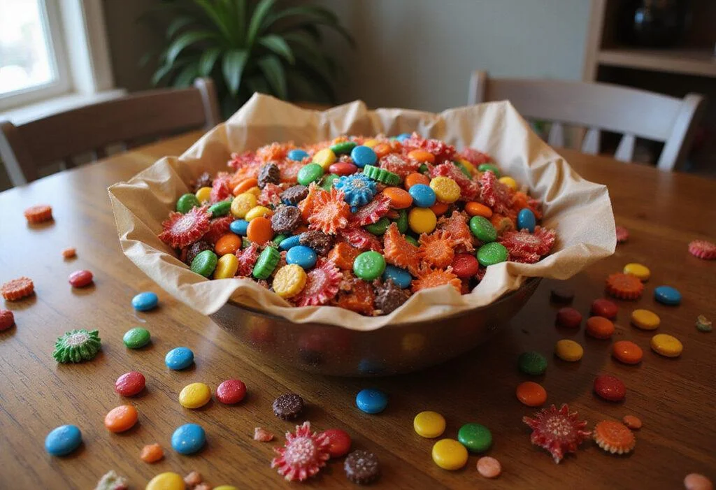Final presentation of the Stranger Things Candy Mix Bowl, showcasing a colorful array of candies perfect for Halloween celebrations and parties.