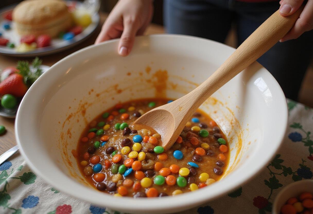 Stirring together colorful candies for Stranger Things Candy Mix Bowl, demonstrating the whimsical candy creation process in a cozy kitchen setting.