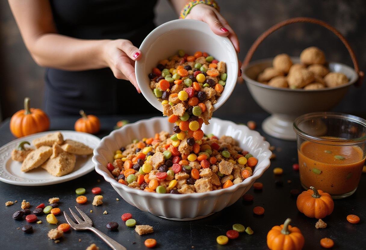 Transferring the vibrant Stranger Things Candy Mix into a decorative bowl, ideal for sharing at Halloween parties or themed events.