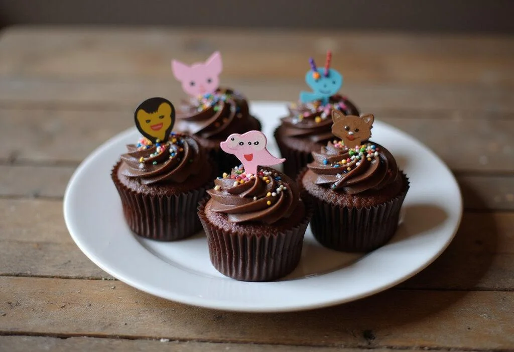 Delicious Stranger Things chocolate cupcakes with luscious frosting and playful decorations, perfect for themed parties and celebrations.