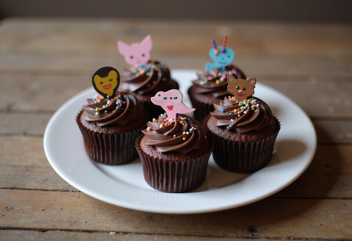 Delicious Stranger Things chocolate cupcakes with luscious frosting and playful decorations, perfect for themed parties and celebrations.