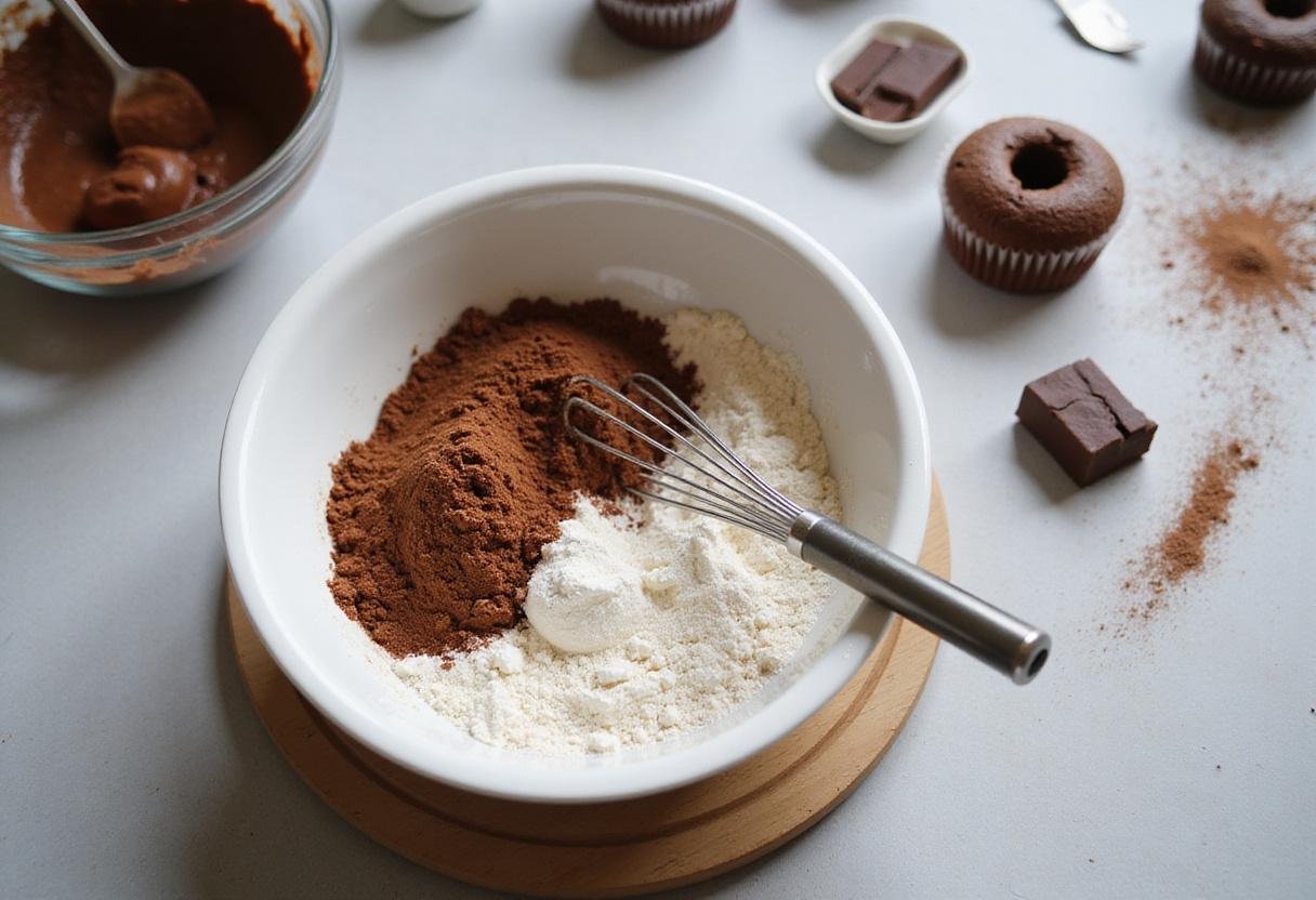 Mixing dry ingredients for Stranger Things chocolate cupcakes, including flour, cocoa, and sugar, on a kitchen countertop.