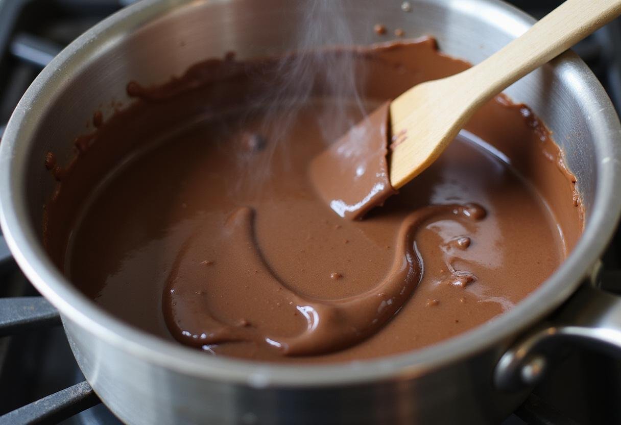 Melting chocolate and butter on the stove for rich chocolate cupcakes, forming the base for the batter in a cozy kitchen setting.