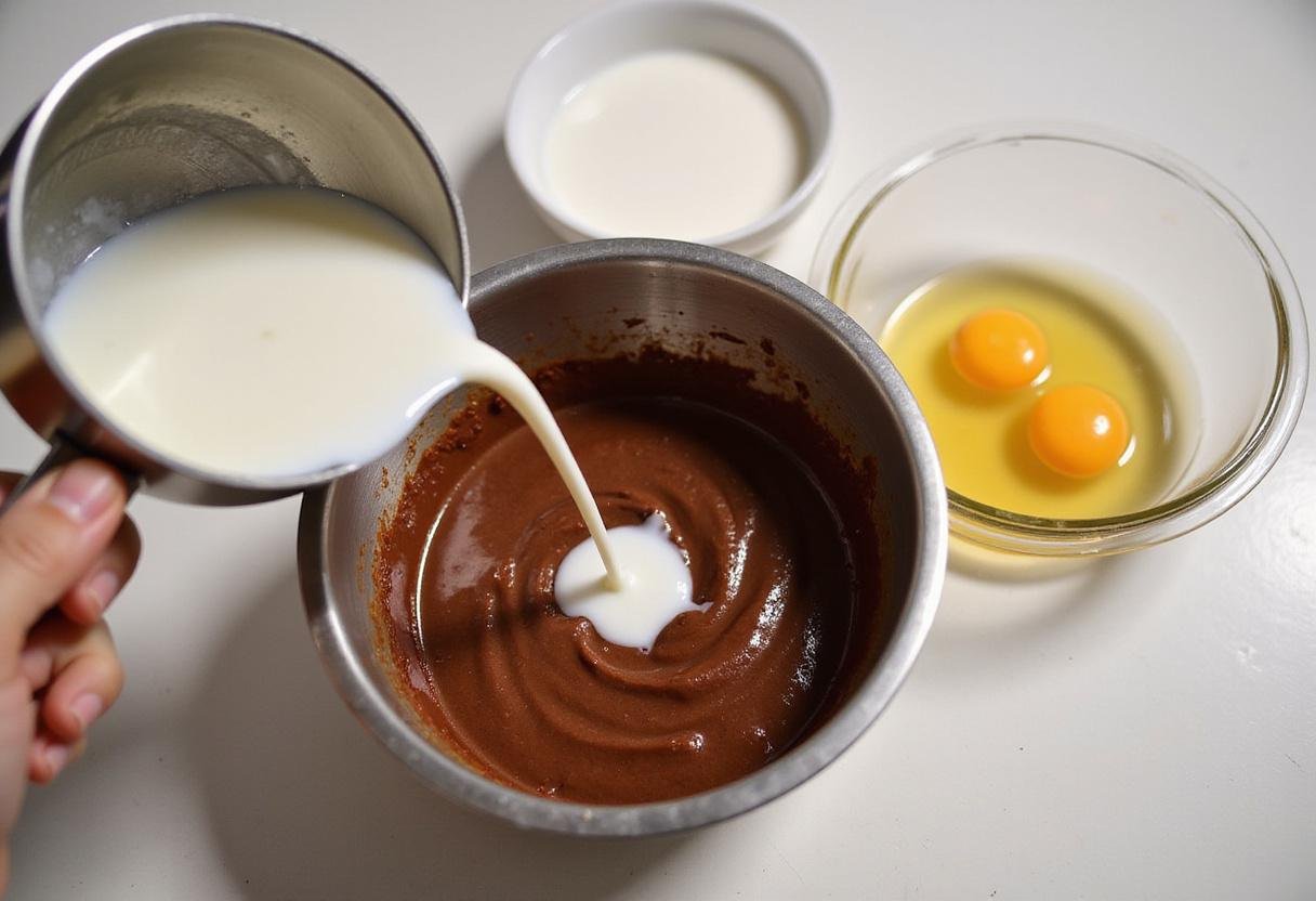 Combining wet ingredients into chocolate batter for Stranger Things cupcakes, highlighting the creamy texture and vibrant color.