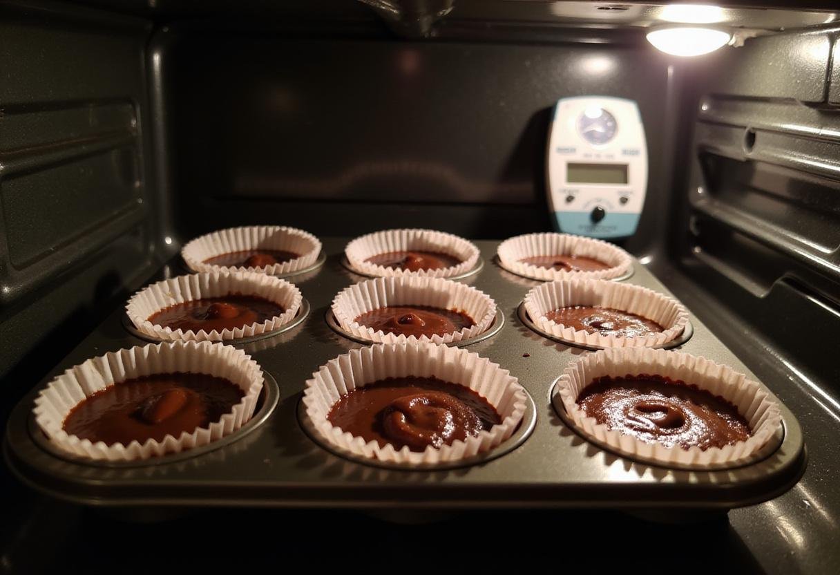 Filling chocolate cupcake liners with rich batter, preparing them for baking in the oven for delicious Stranger Things-inspired treats.
