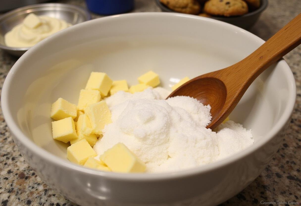 Making Stranger Things Cookie Dough Ice Cream with butter and sugar in a bowl, perfect for cookie dough lovers.