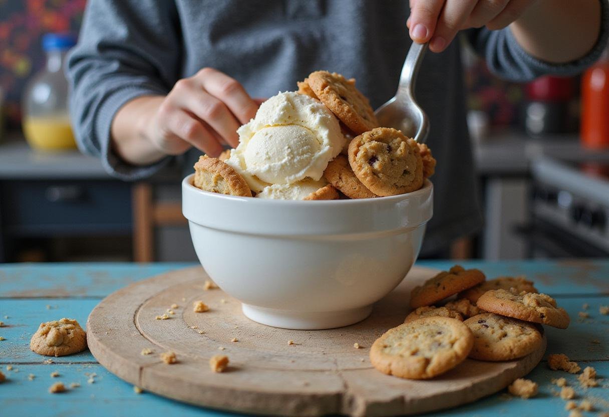 Combining ice cream with cookie dough pieces for Stranger Things Cookie Dough Ice Cream, a perfect blend of flavors.