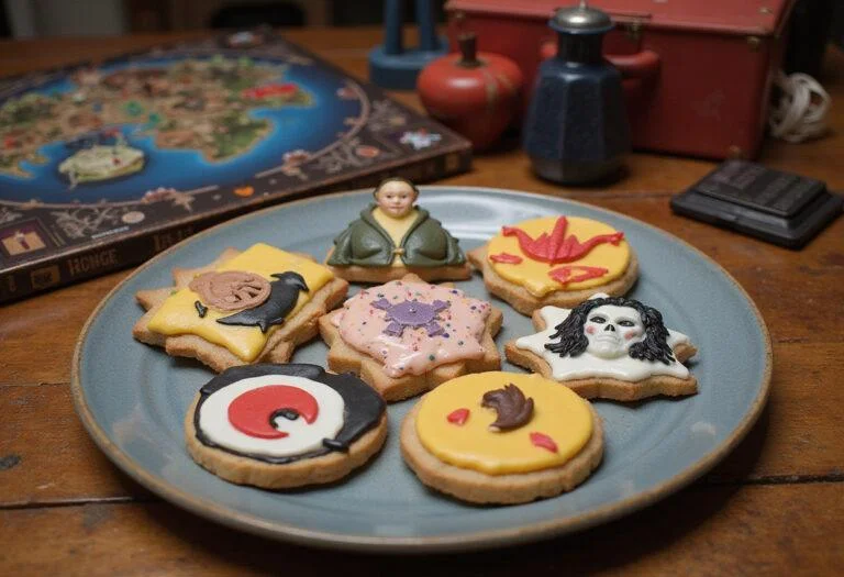 Final presentation of Stranger Things Dungeons and Dragons Cookies on a decorative plate, complemented by a board game setting for an immersive gaming experience.