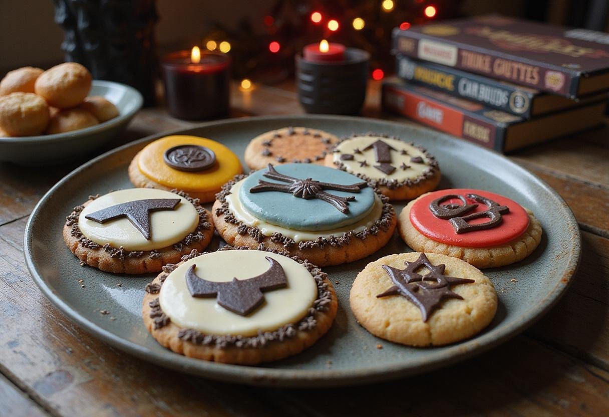 Final presentation of Stranger Things Dungeons and Dragons Cookies on a decorative plate, complemented by a board game setting for an immersive gaming experience.