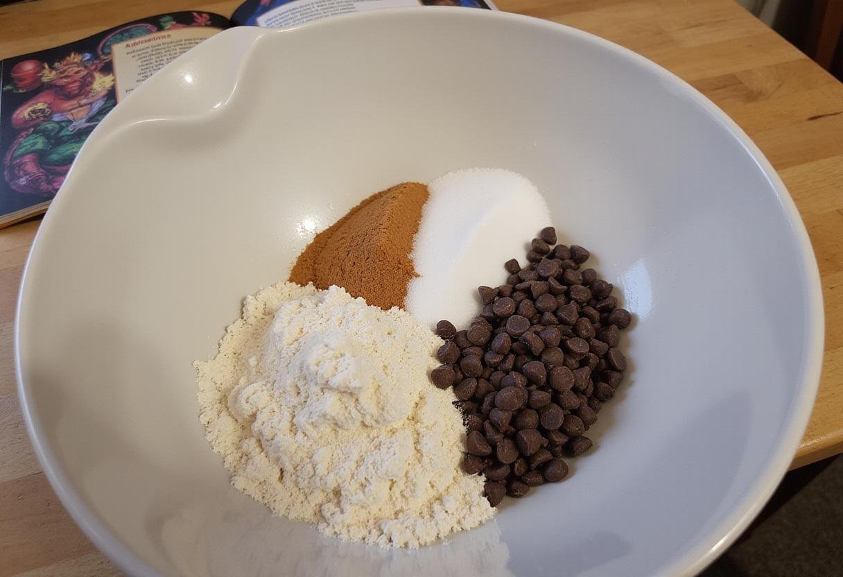 Ingredients for Stranger Things Dungeons and Dragons Cookies including flour, sugar, and chocolate chips, showcased in a bright kitchen setting.