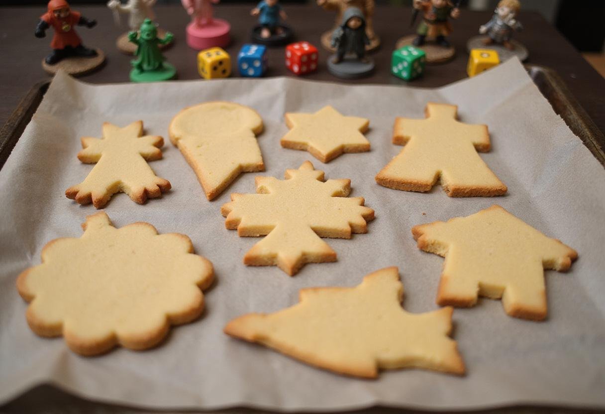 Baking tray filled with shaped cookie dough for Stranger Things Dungeons and Dragons Cookies, emphasizing the creative designs and theme.