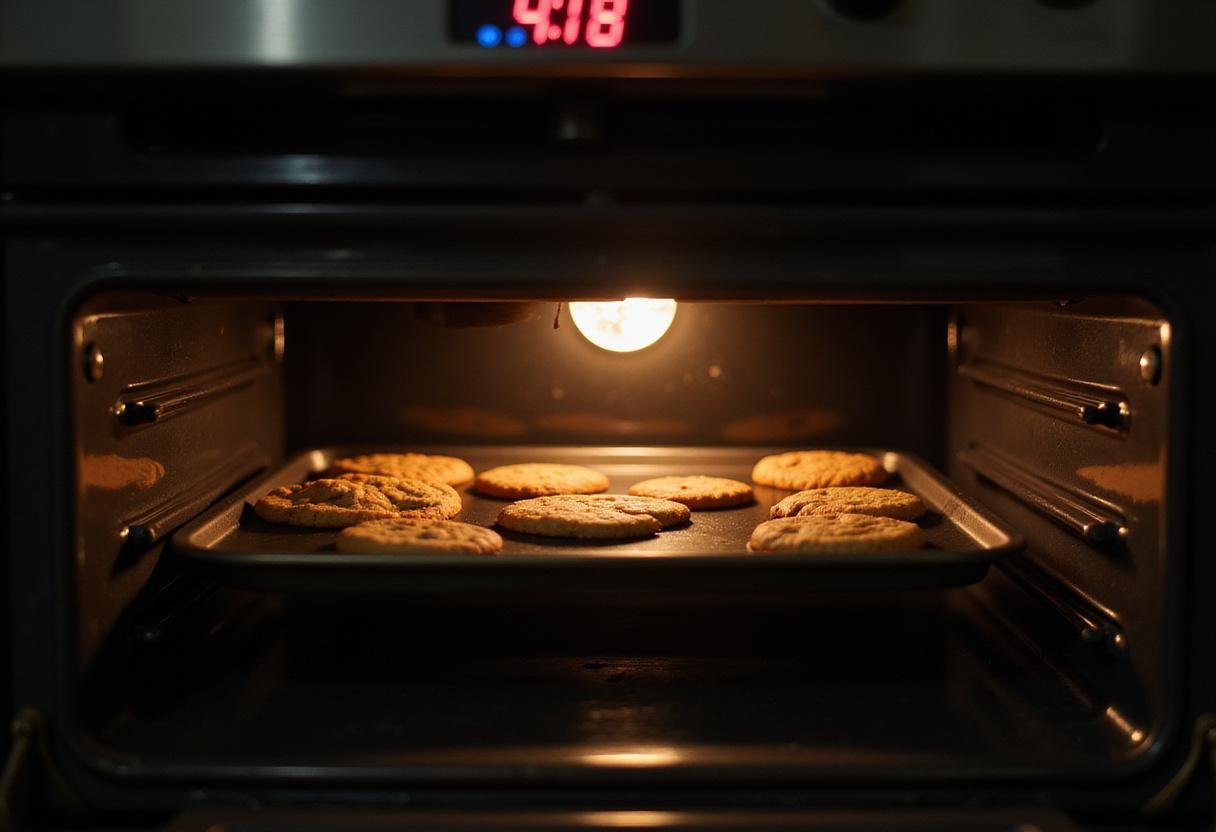 Freshly baking Stranger Things Dungeons and Dragons Cookies inside the oven, conveying an inviting and warm kitchen scene.