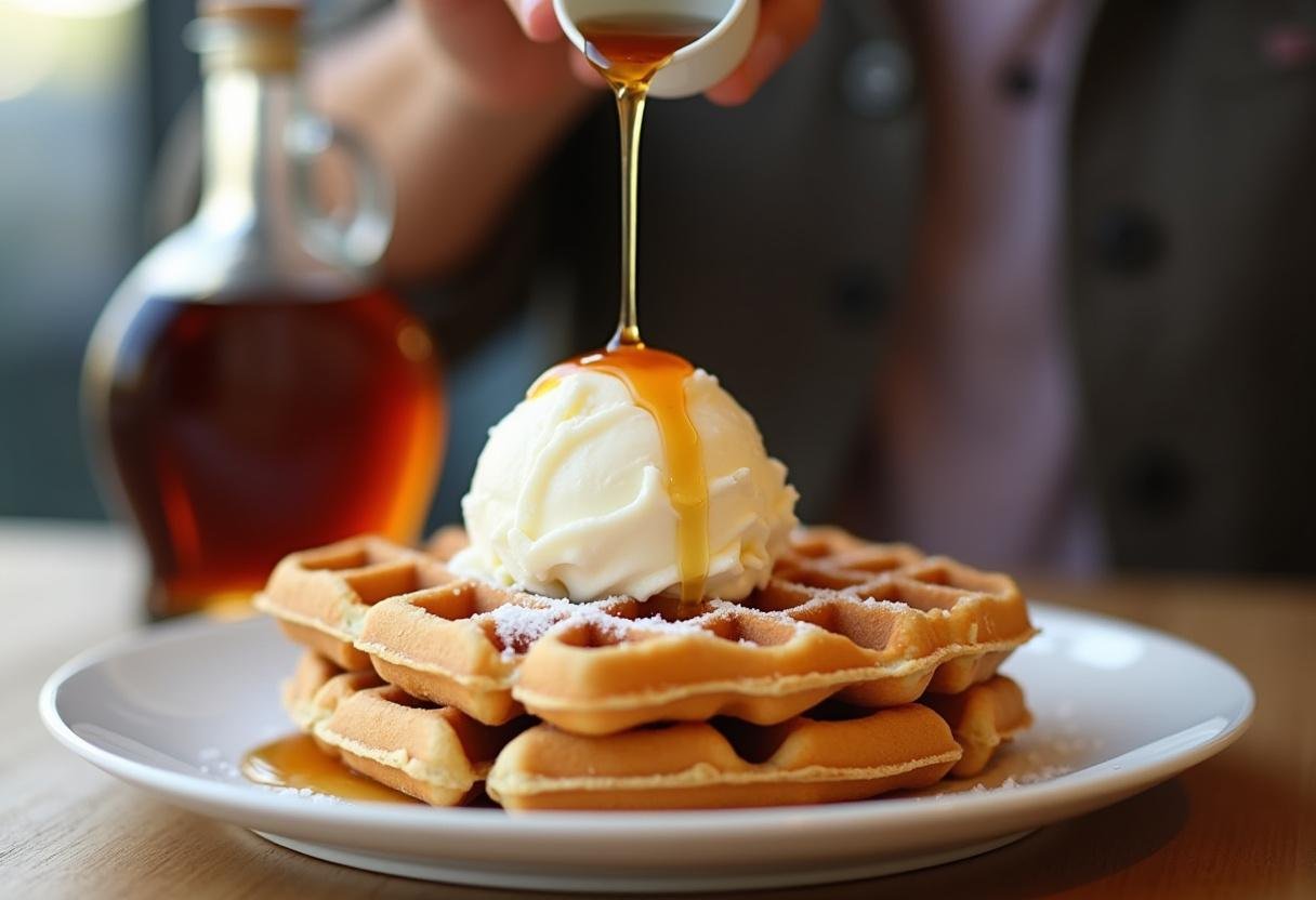 Warm maple syrup being drizzled over Eggo waffles and ice cream for a delectable sundae.