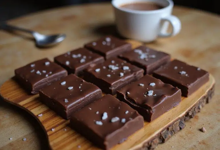 The finished Stranger Things Eleven’s Chocolate Bar cut into squares, beautifully presented, alongside a warm cup of cocoa for an inviting dessert experience.