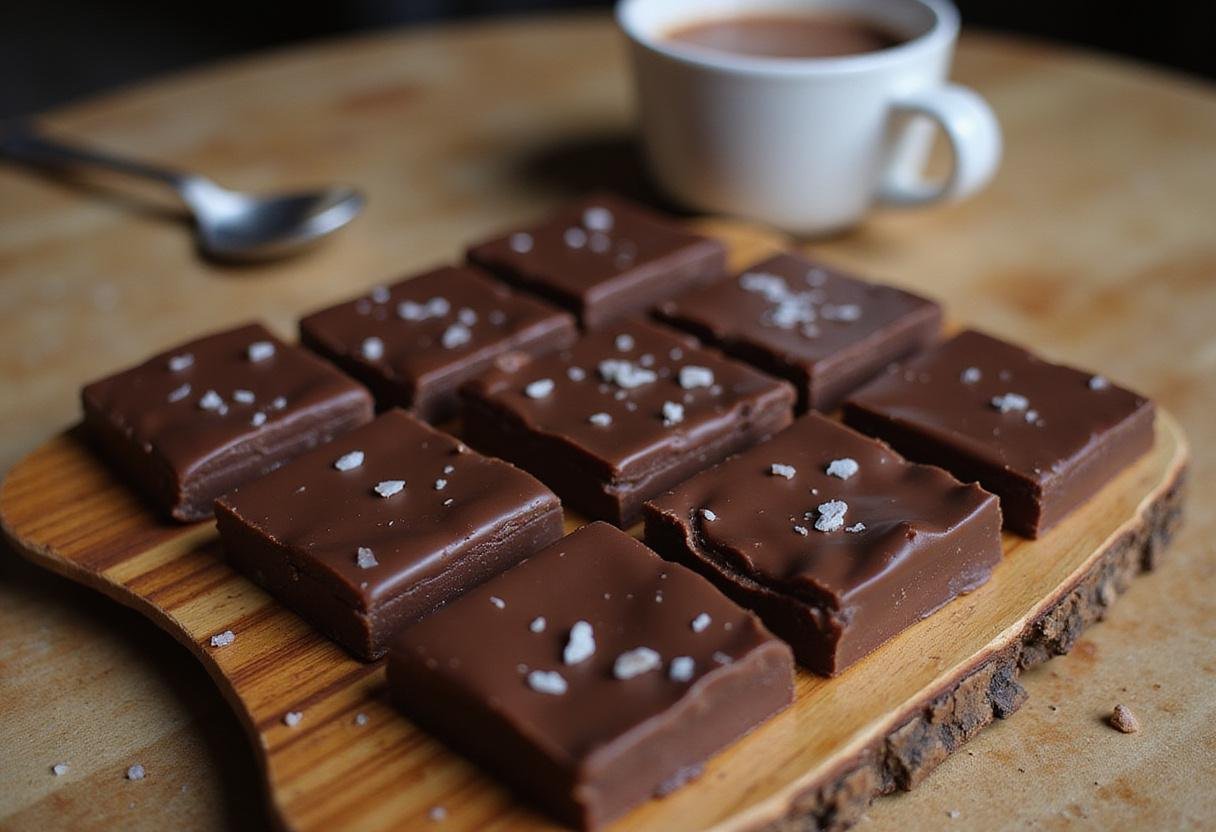 The finished Stranger Things Eleven’s Chocolate Bar cut into squares, beautifully presented, alongside a warm cup of cocoa for an inviting dessert experience.