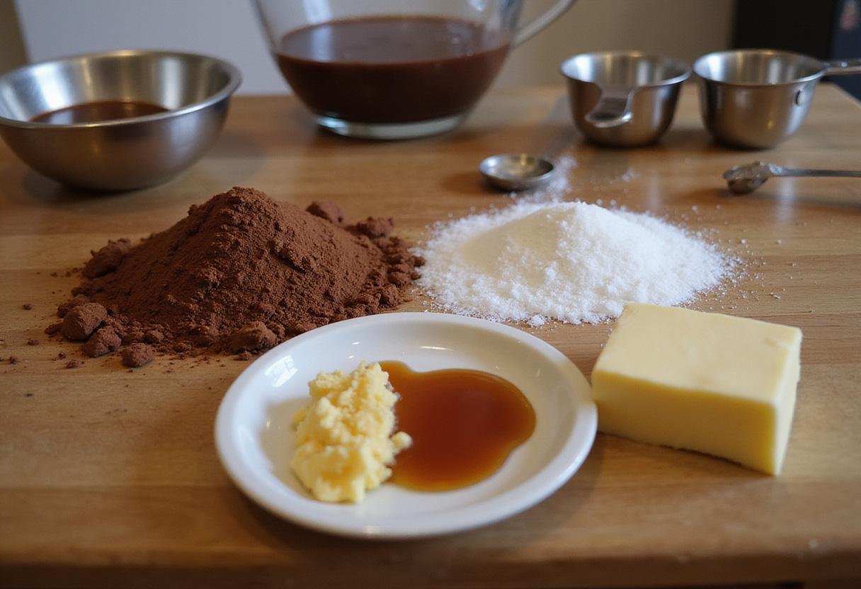 Ingredients for Stranger Things Eleven’s Chocolate Bar, including cocoa powder, sugar, and butter arranged on a wooden table.