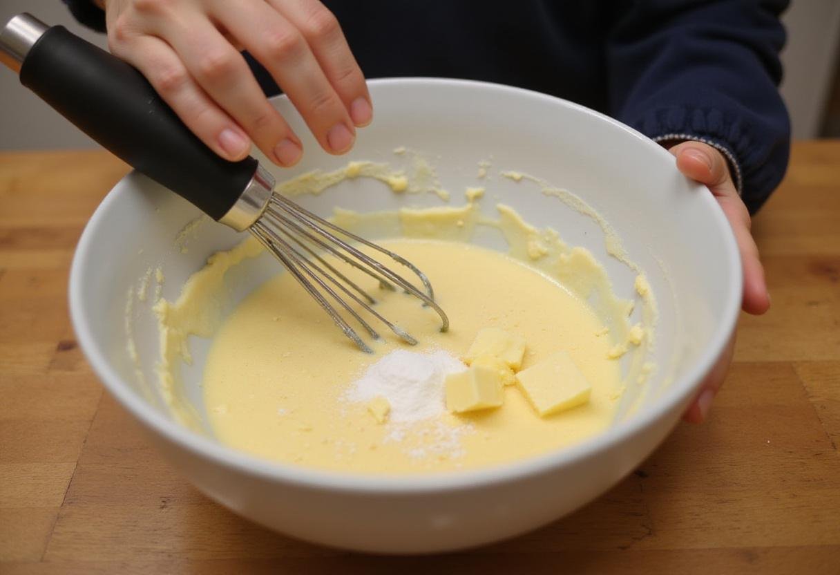Mixing melted butter and sugar together for Eleven’s Chocolate Bar in a warm kitchen setting, showcasing the smooth texture.