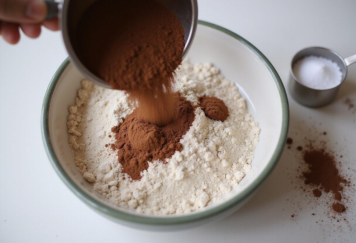 Sifting cocoa powder and flour into a bowl while preparing for Eleven’s Chocolate Bar, capturing the delicate process of baking.