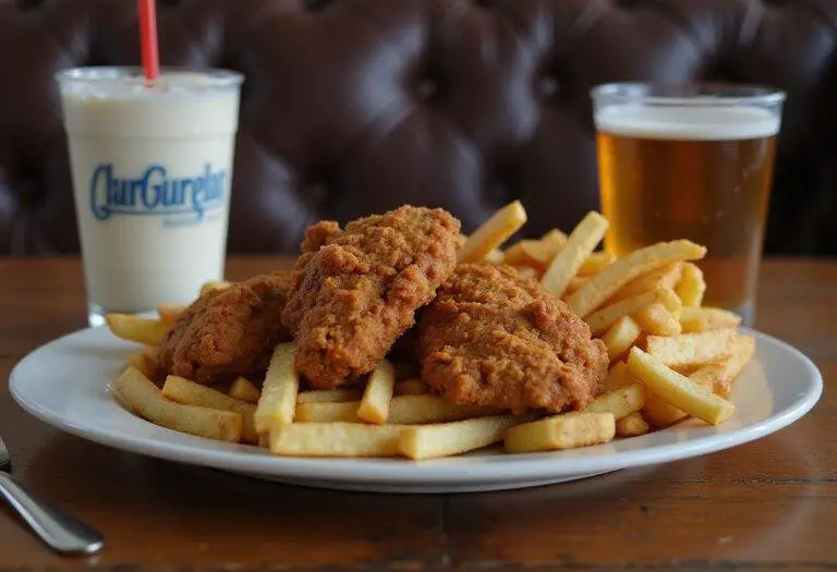 Delicious final result of Stranger Things Fried Chicken served with fries and a retro drink, evoking nostalgic vibes.