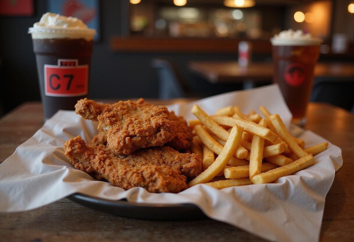 Delicious final result of Stranger Things Fried Chicken served with fries and a retro drink, evoking nostalgic vibes.