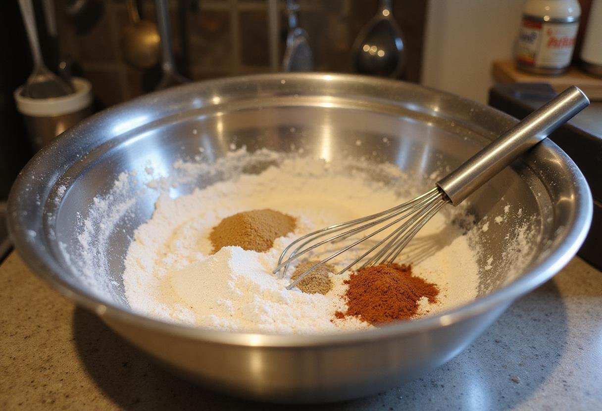 Stranger Things Fried Chicken dry ingredients preparation with flour and spices in a cozy kitchen setting.