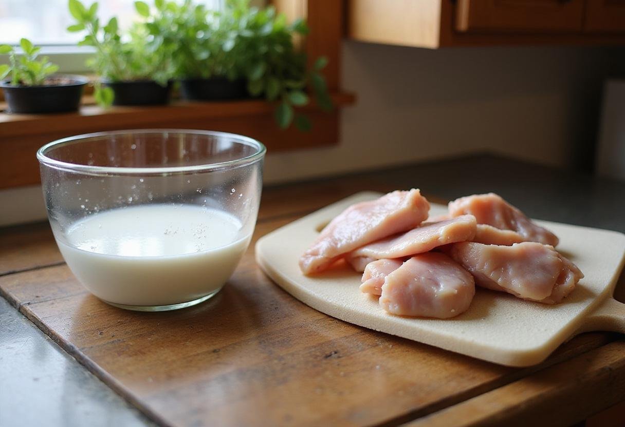 Marinating chicken in buttermilk for Stranger Things Fried Chicken, a flavorful twist in a homey kitchen atmosphere.
