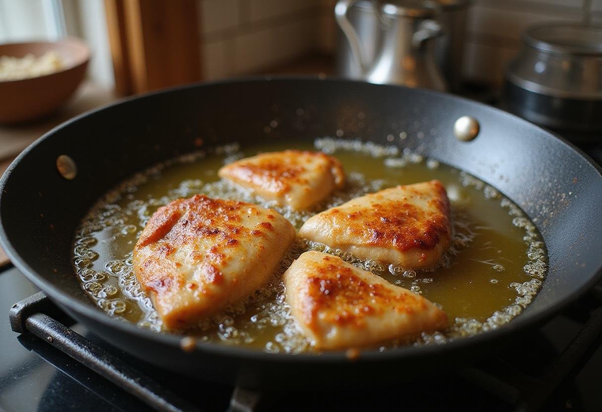 Frying chicken in hot oil for Stranger Things Fried Chicken, showcasing the sizzling action in a vintage kitchen.