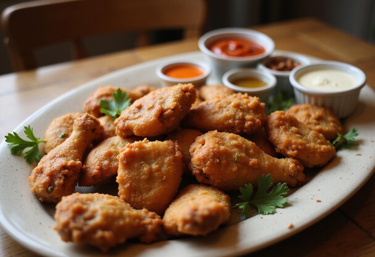 Golden crispy Stranger Things Fried Chicken served on a platter with dipping sauces in a charming kitchen scene.