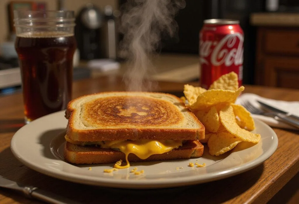 Delicious Stranger Things Grilled Cheese sandwich served alongside crispy chips and soda, perfect for a cozy meal.