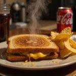 Delicious Stranger Things Grilled Cheese sandwich served alongside crispy chips and soda, perfect for a cozy meal.
