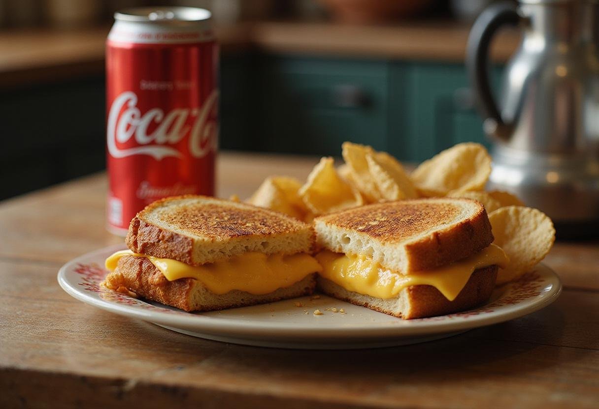 Delicious Stranger Things Grilled Cheese sandwich served alongside crispy chips and soda, perfect for a cozy meal.