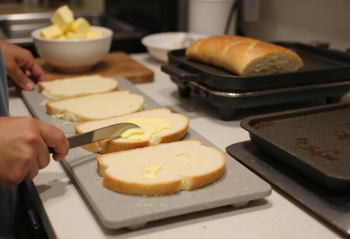 Making a Stranger Things Grilled Cheese sandwich with buttered slices of bread ready for grilling.
