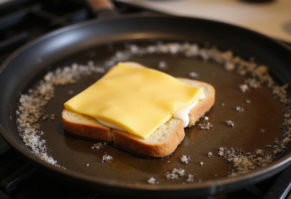 Cooking a Stranger Things Grilled Cheese sandwich on a griddle as the cheese melts beautifully over toasted bread.