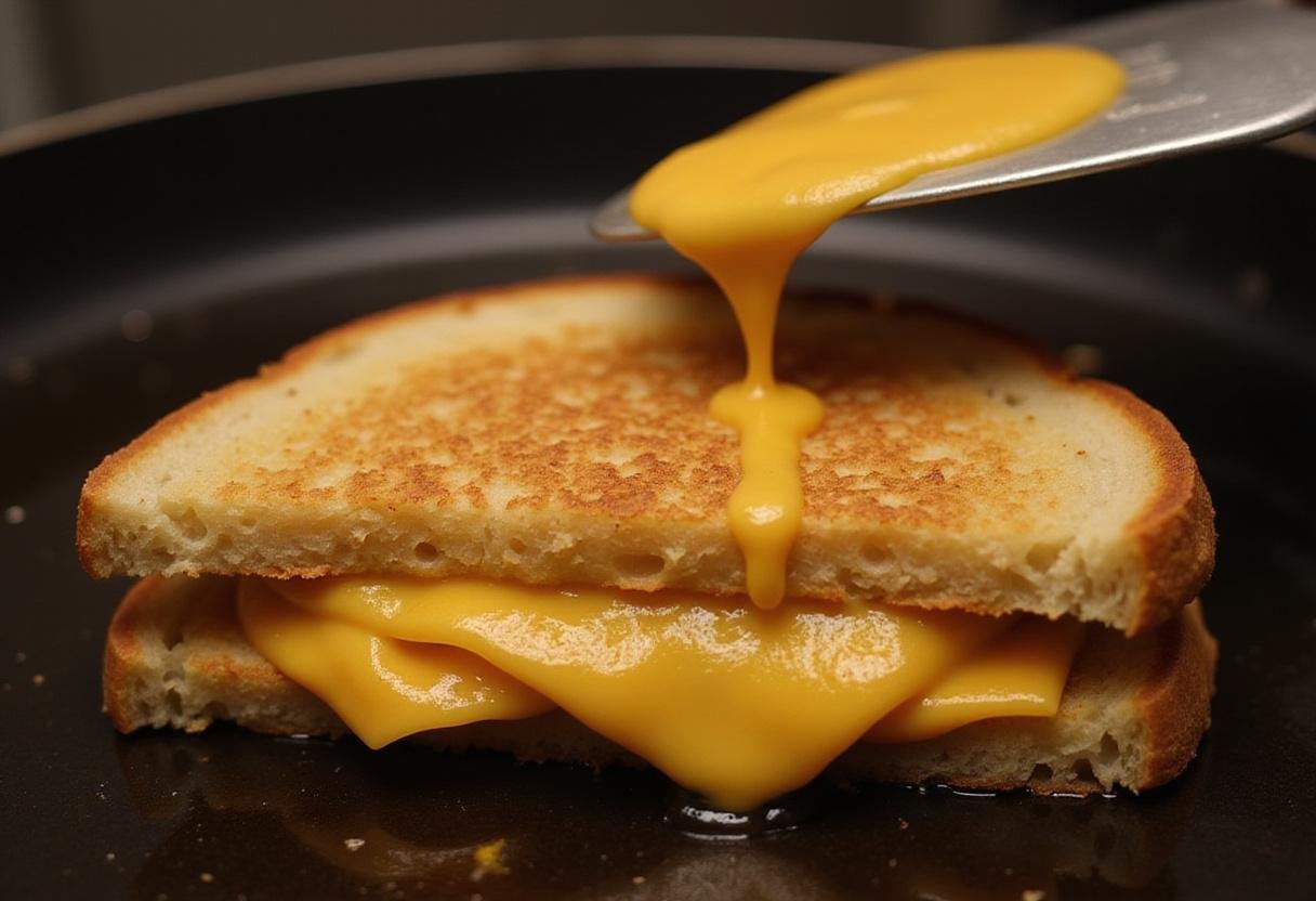 Flipping a perfectly golden brown Stranger Things Grilled Cheese sandwich, showcasing melted cheese inside.