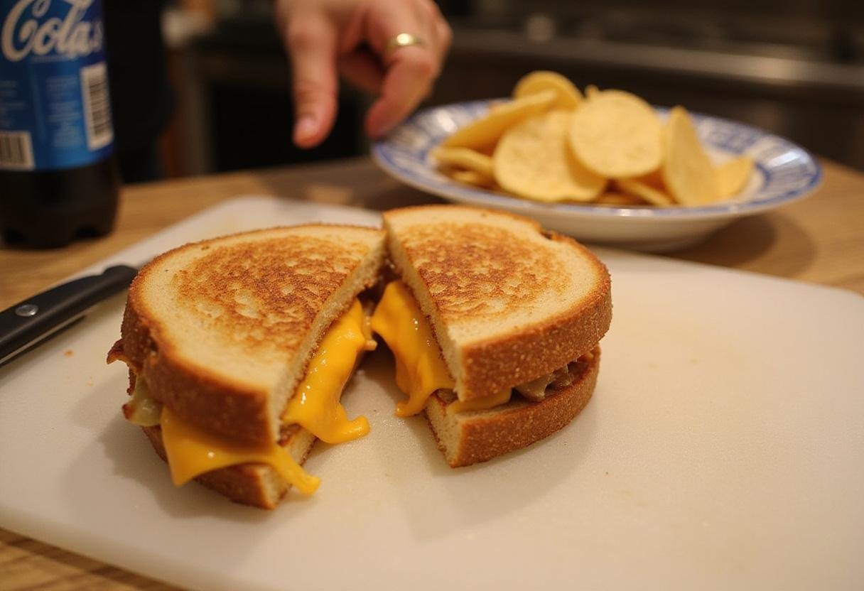 Preparing to serve a freshly made Stranger Things Grilled Cheese sandwich, paired with chips and a refreshing soda.