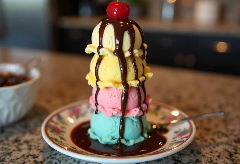Beautifully presented Stranger Things ice cream scoop stack with colorful layers, chocolate syrup, and cherry on a decorative plate in a picturesque kitchen.