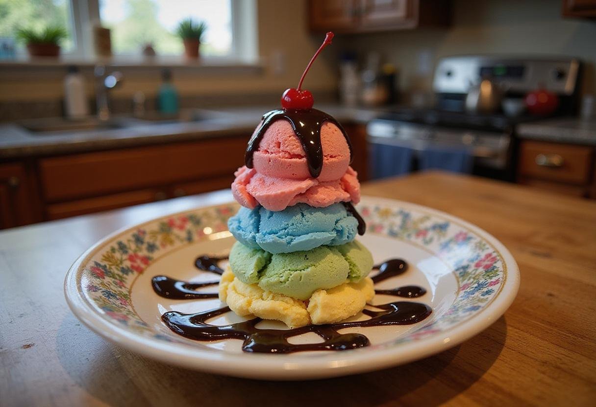 A beautifully presented Stranger Things ice cream scoop stack, featuring vibrant colorful layers, rich chocolate syrup, and a perfect cherry on top, displayed on a decorative plate within a picturesque kitchen setting. This dessert is a playful homage to the beloved series, offering a sweet escape to the nostalgic world of Stranger Things.