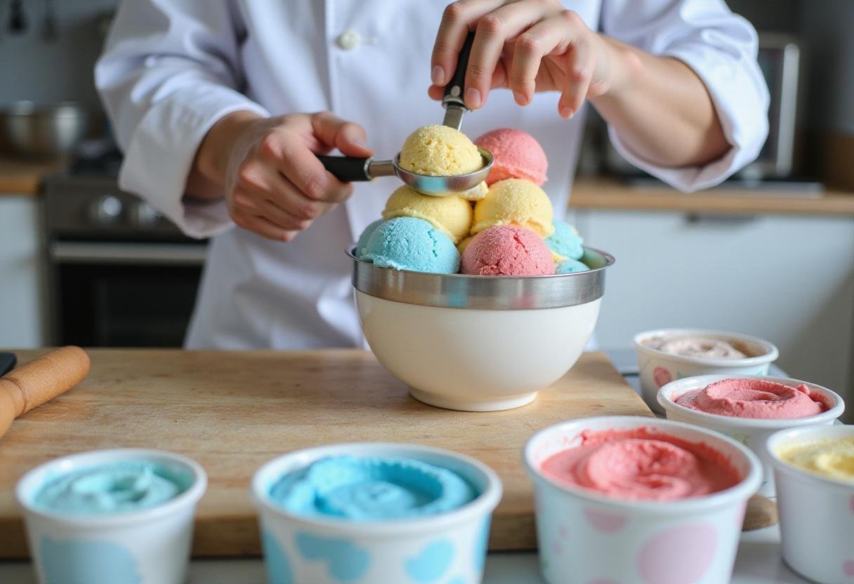 Ice cream scoop stack preparation in a colorful kitchen with vibrant flavors like blue and red, inspired by Stranger Things. The setting encourages creativity and evokes the playful spirit of the series, perfect for a fun dessert project.