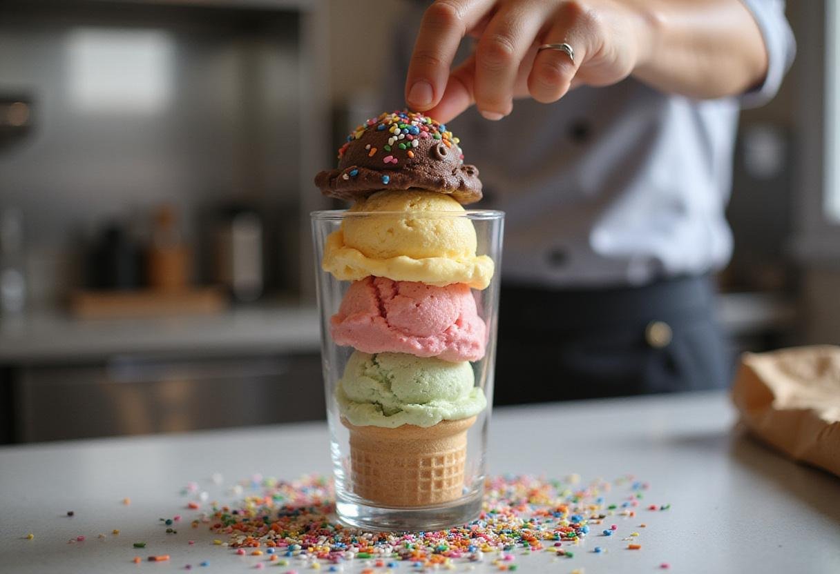 Layering colorful ice cream flavors into a glass, creating a vibrant and fun Stranger Things inspired ice cream scoop stack. The process involves carefully placing scoops of blue, red, and white ice cream on top of each other to form an appealing and delicious dessert.