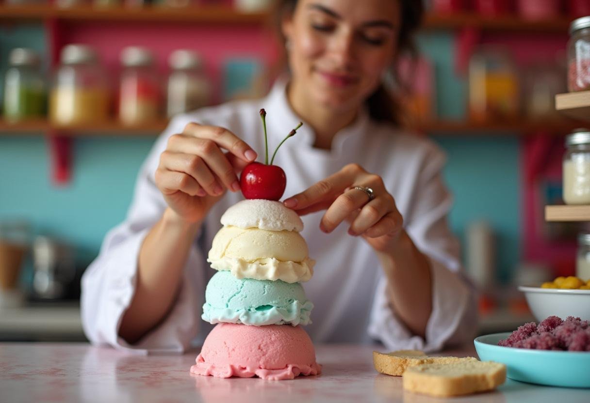 A vibrant and playful presentation of a cherry being added on top of the brightly colored Stranger Things ice cream scoop stack. The cherry completes the dish, giving it a classic and cheerful look perfect for any ice cream lover.