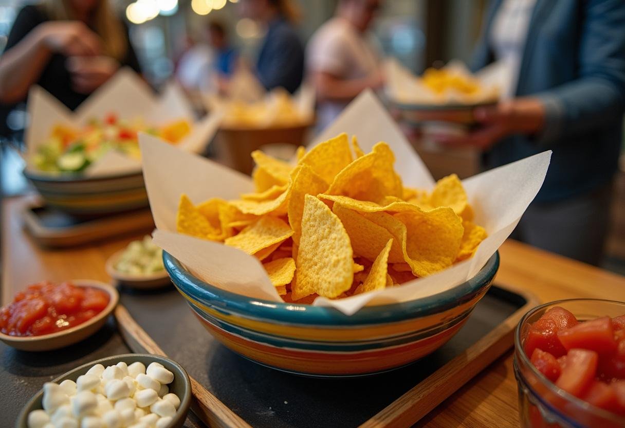 Crispy tortilla chips prepared for Stranger Things Mall Food Court Nachos in a lively food court setting.