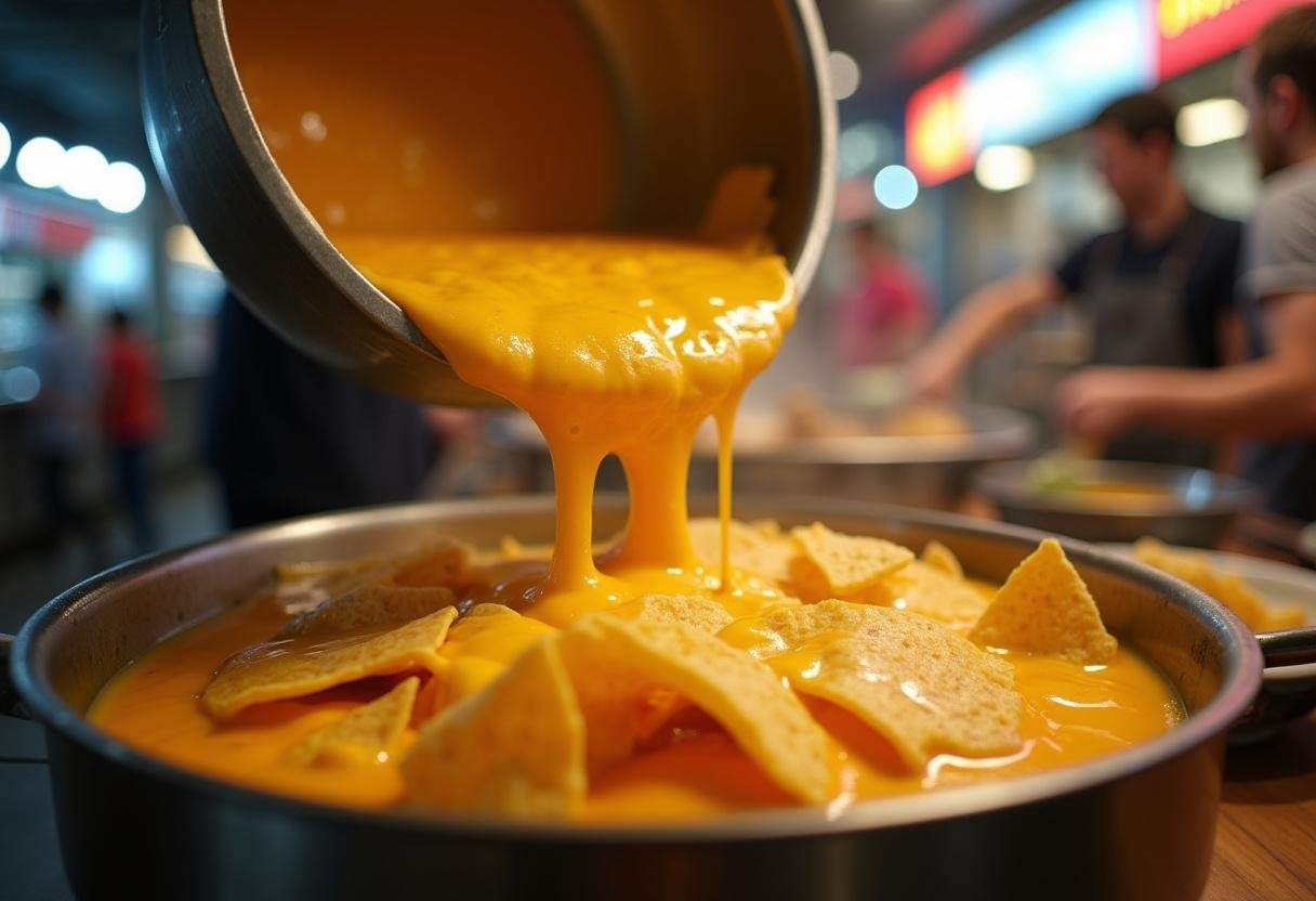 Melted cheese being poured over tortilla chips for Stranger Things Mall Food Court Nachos.