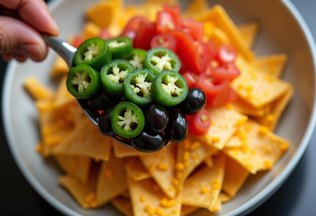 Colorful toppings being added to nachos for Stranger Things Mall Food Court Nachos recipe.