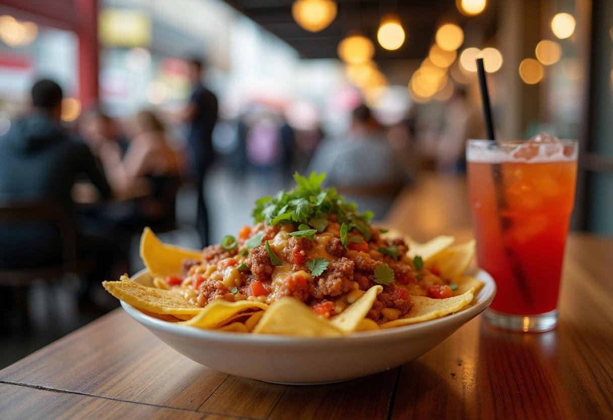 Nachos bowl ready to be enjoyed in a bustling food court, perfect for a Stranger Things themed meal.