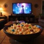 Ready to enjoy bowl of Stranger Things movie night popcorn, perfectly mixed with sweet treats and surrounded by a cozy movie watching setup, ideal for any fan.