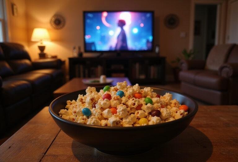 Ready to enjoy bowl of Stranger Things movie night popcorn, perfectly mixed with sweet treats and surrounded by a cozy movie watching setup, ideal for any fan.