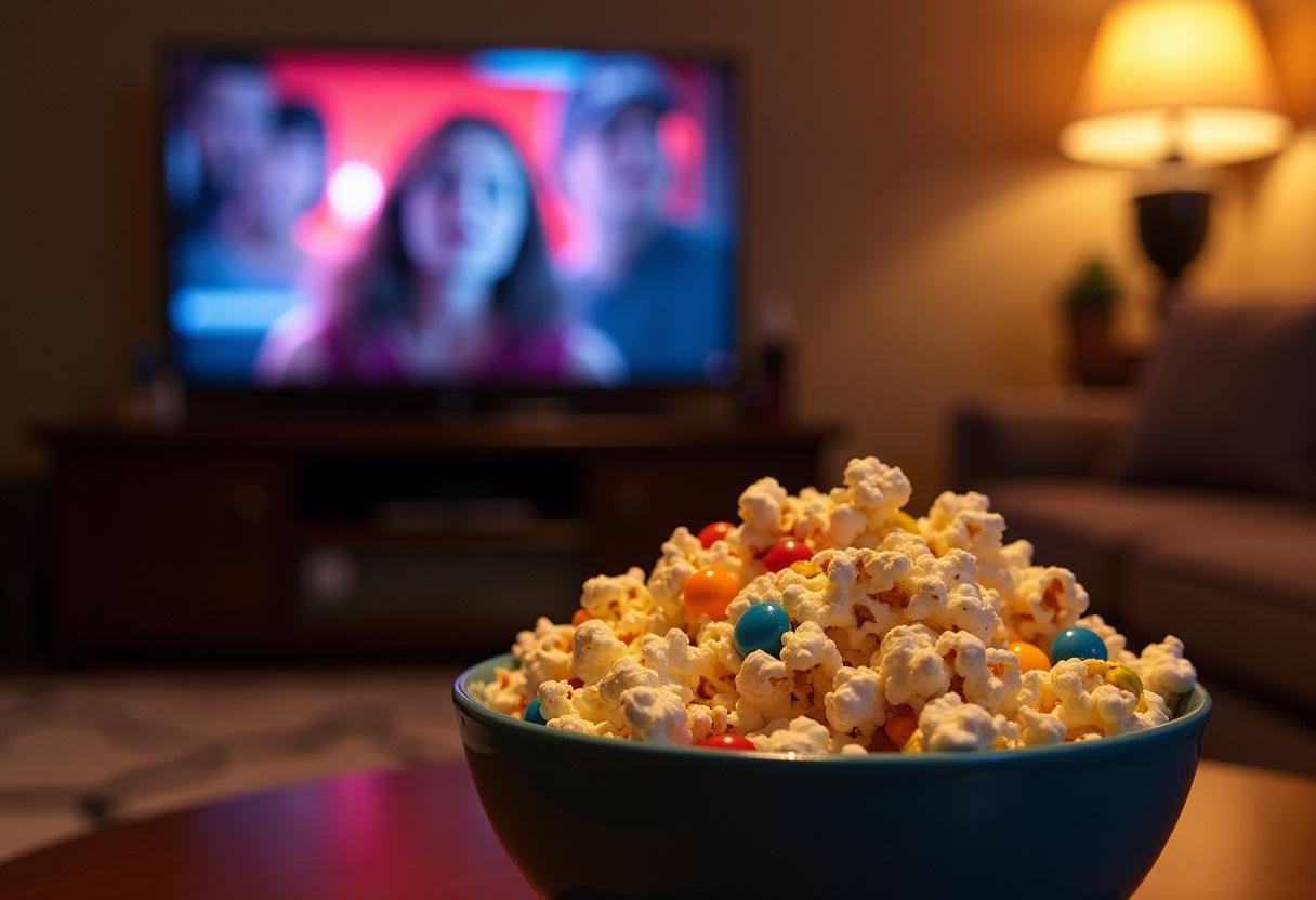 Ready to enjoy bowl of Stranger Things movie night popcorn, perfectly mixed with sweet treats and surrounded by a cozy movie watching setup, ideal for any fan.