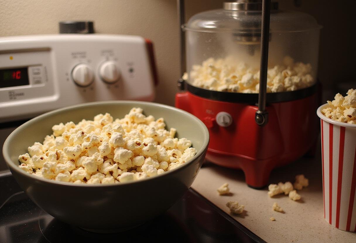 Fresh popcorn kernels popping in a stovetop maker for Stranger Things movie night popcorn recipe, perfect for family gatherings and movie nights.