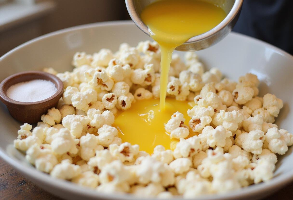 Melted butter being drizzled over popcorn for a delicious Stranger Things movie night snack, enhancing flavor for a cozy evening.