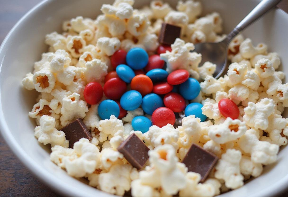 Mixing colorful candies with popcorn for Stranger Things movie night, creating a sweet and exciting treat for fans of the show.